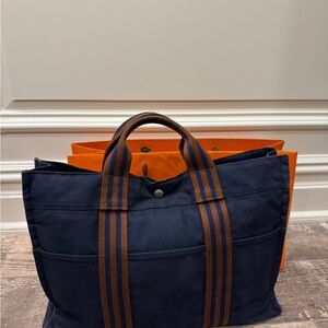 Authentic HERMES Foule Tote Bag Navy